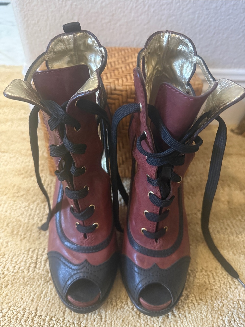 DSQUARED2 Burgundy/Brown and Black Peep-Toe Lace-Up Boots